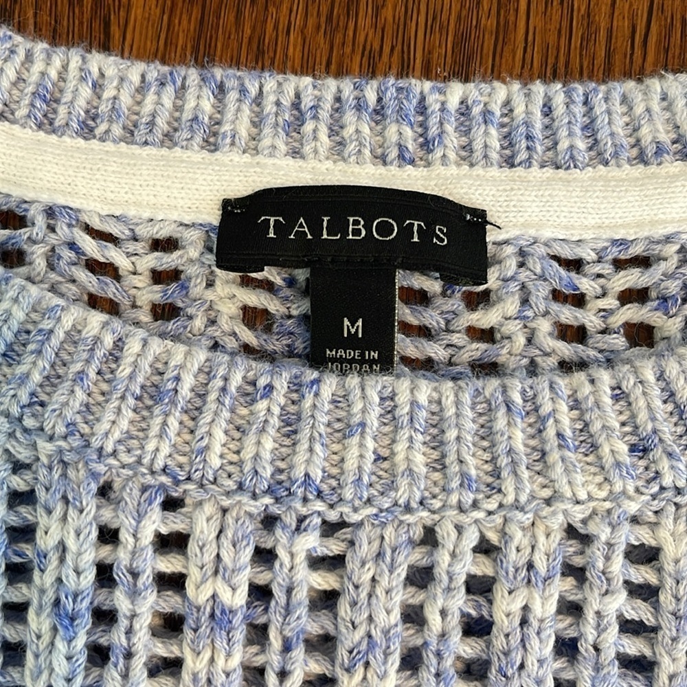 Talbots Blue White Loose Knit Crew Neck Sweater Pullover Medium Cotton - Picture 4 of 8